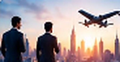 Business professionals looking toward global skyline