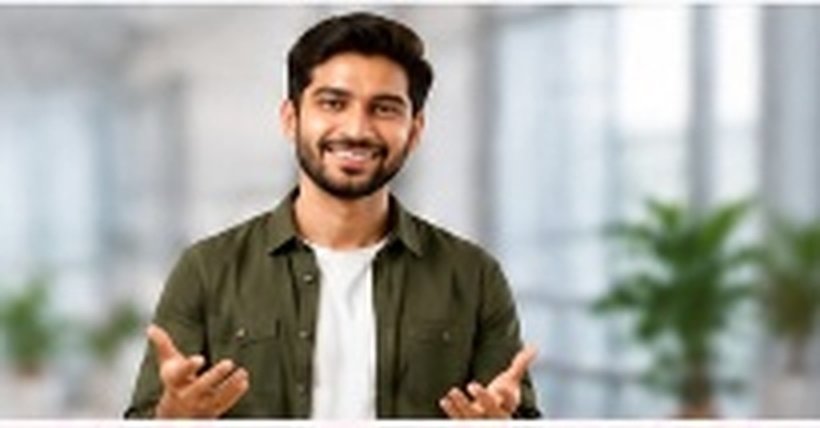Confident Hindi student smiling with open hands